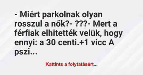 Vicc: – Miért parkolnak olyan rosszul a nők?
– ???
– Mert a… Vicc: – Miért parkolnak olyan rosszul a nők?
– ???
– Mert a…