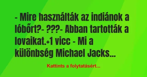 Vicc: – Mire használták az indiánok a lóbőrt?
– ???
– Abban… Vicc: – Mire használták az indiánok a lóbőrt?
– ???
– Abban…