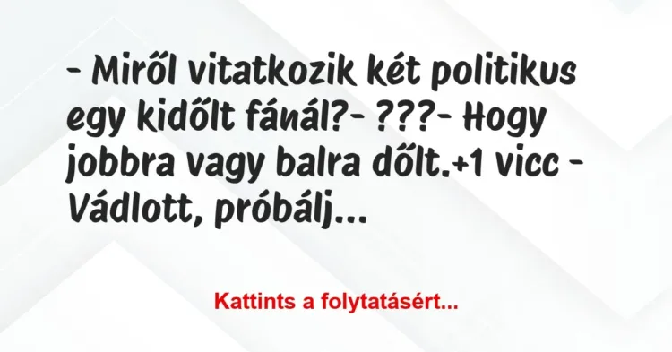 Vicc: – Miről vitatkozik két politikus egy kidőlt fánál?
– ???
-… Vicc: – Miről vitatkozik két politikus egy kidőlt fánál?
– ???
-…