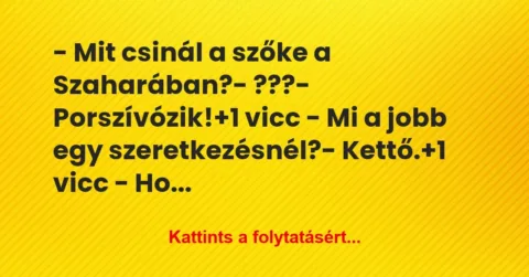 Vicc: – Mit csinál a szőke a Szaharában?
– ???
– Porszívózik! Vicc: – Mit csinál a szőke a Szaharában?
– ???
– Porszívózik!