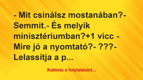 Vicc: – Mit csinálsz mostanában?
– Semmit.
– És melyik… Vicc: – Mit csinálsz mostanában?
– Semmit.
– És melyik…
