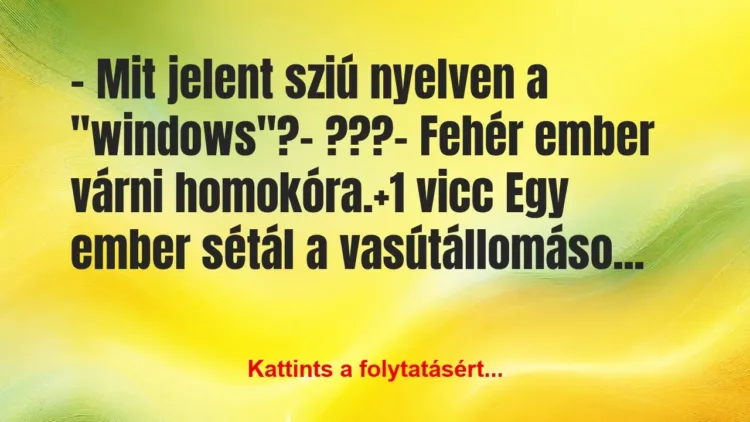 Vicc: – Mit jelent sziú nyelven a “windows”?
– ???
-… Vicc: – Mit jelent sziú nyelven a “windows”?
– ???
-…