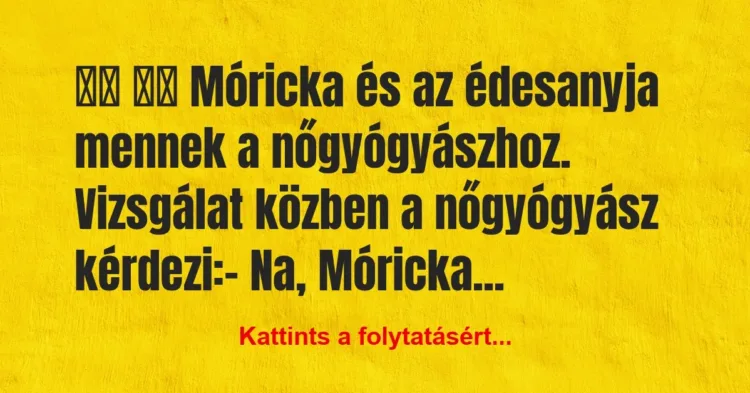 Vicc:
Móricka és az édesanyja mennek a nőgyógyászhoz…. Vicc:
Móricka és az édesanyja mennek a nőgyógyászhoz….