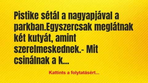 Vicc: Pistike sétál a nagyapjával a parkban.
Egyszercsak… Vicc: Pistike sétál a nagyapjával a parkban.
Egyszercsak…