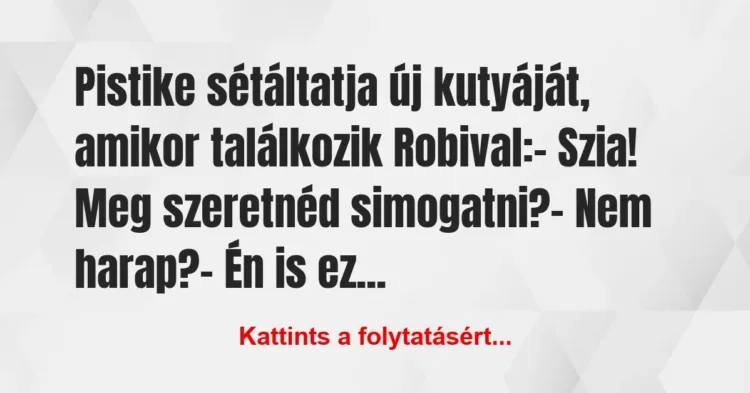 Vicc: Pistike sétáltatja új kutyáját, amikor találkozik Robival:
-… Vicc: Pistike sétáltatja új kutyáját, amikor találkozik Robival:
-…