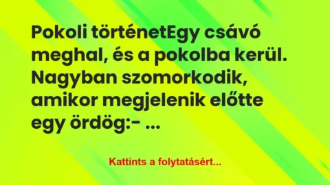Vicc: Pokoli történet
Egy csávó meghal, és a pokolba… Vicc: Pokoli történet
Egy csávó meghal, és a pokolba…