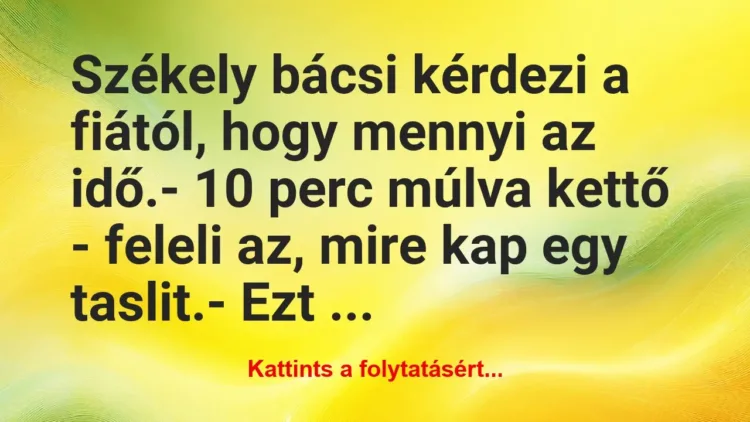 Vicc: Székely bácsi kérdezi a fiától, hogy mennyi az idő.
-… Vicc: Székely bácsi kérdezi a fiától, hogy mennyi az idő.
-…
