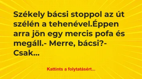 Vicc: Székely bácsi stoppol az út szélén a tehenével.

Éppen a…
