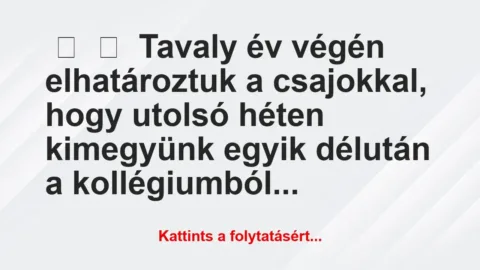 Vicc: 
	    	    Tavaly év végén elhatároztuk a csajokkal, hogy…