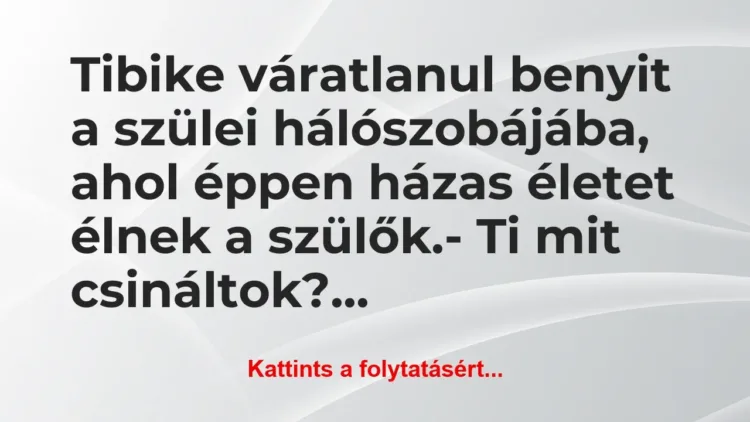 Vicc: Tibike váratlanul benyit a szülei hálószobájába, ahol éppen… Vicc: Tibike váratlanul benyit a szülei hálószobájába, ahol éppen…
