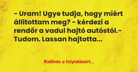 Vicc: – Uram! Ugye tudja, hogy miért állitottam meg? – kérdezi a rendőr a… Vicc: – Uram! Ugye tudja, hogy miért állitottam meg? – kérdezi a rendőr a…