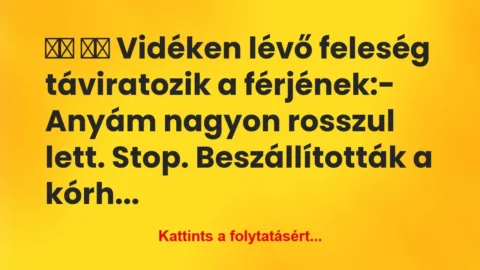 Vicc: 
		  
		  Vidéken lévő feleség táviratozik a férj…