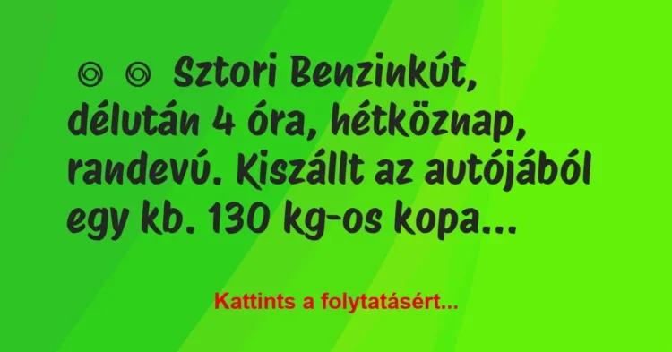 Vicces történet:
Sztori
Benzinkút, délután 4 óra, hétköznap, randevú…. Vicces történet:
Sztori
Benzinkút, délután 4 óra, hétköznap, randevú….