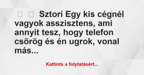 Vicces történet: 
	    	    Sztori


Egy kis cégnél vagyok asszisztens, ami annyit…