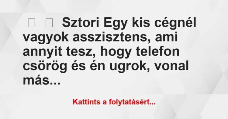 Vicces történet:
Sztori
Egy kis cégnél vagyok asszisztens, ami annyit… Vicces történet:
Sztori
Egy kis cégnél vagyok asszisztens, ami annyit…