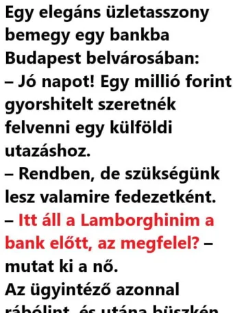 Vicc: Egy elegáns üzletasszony bemegy egy bankba Vicc: Egy elegáns üzletasszony bemegy egy bankba