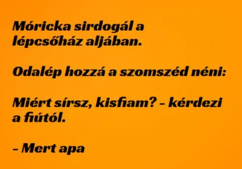 Vicc: Móricka sirdogál a lépcsőház aljában –