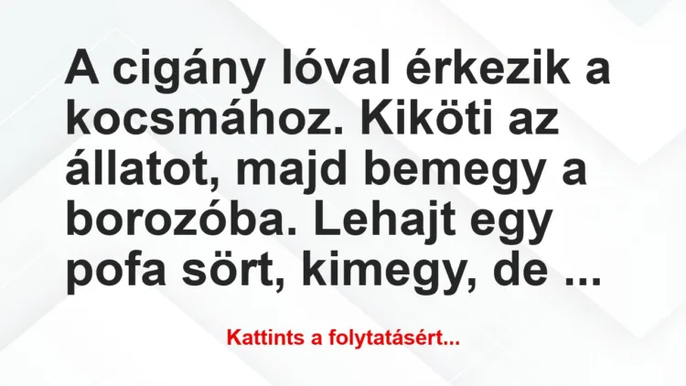 Vicc: A cigány lóval érkezik a kocsmához. Kiköti az állatot, majd… Vicc: A cigány lóval érkezik a kocsmához. Kiköti az állatot, majd…