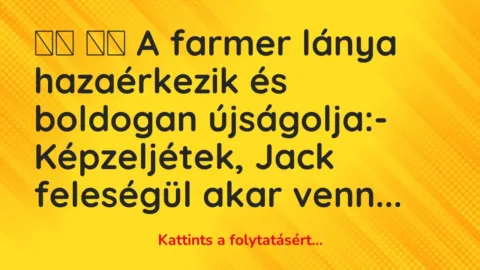 Vicc: 
		  
		  A farmer lánya hazaérkezik és boldogan újságolja:-…