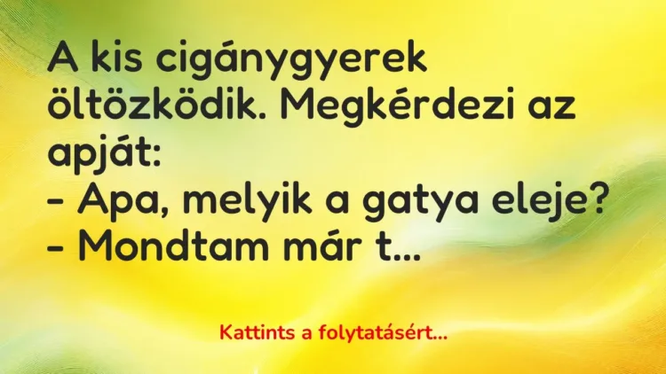 Vicc: A kis cigánygyerek öltözködik. Megkérdezi az apját:
– A… Vicc: A kis cigánygyerek öltözködik. Megkérdezi az apját:
– A…