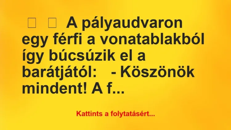 Vicc:
A pályaudvaron egy férfi a vonatablakból így… Vicc:
A pályaudvaron egy férfi a vonatablakból így…