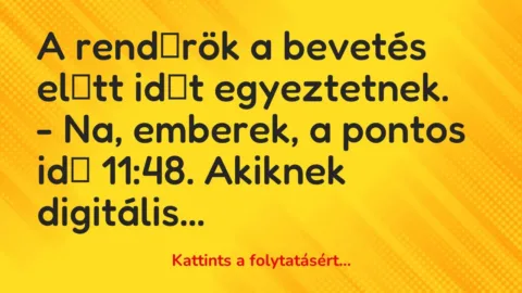 Vicc: A rendőrök a bevetés előtt időt egyeztetnek.

– Na,…