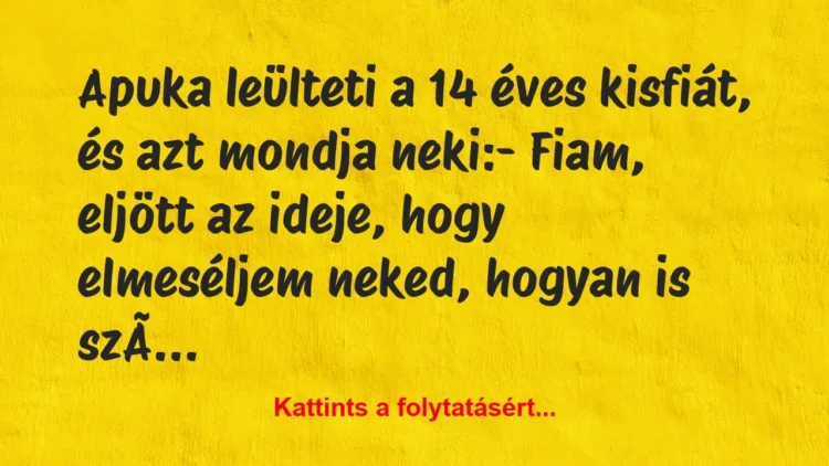 Vicc: Apuka leülteti a 14 éves kisfiát, és azt mondja neki:
-… Vicc: Apuka leülteti a 14 éves kisfiát, és azt mondja neki:
-…