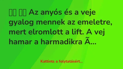 Vicc: 
		  
		  Az anyós és a veje gyalog mennek az emeletre, mert…