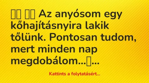 Vicc: 
		  
		  Az anyósom egy kőhajításnyira lakik tőlünk. Pontosan tudom,…