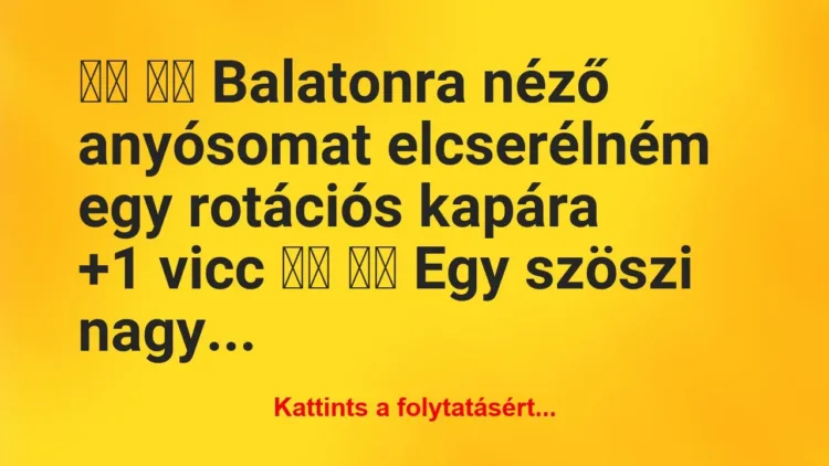 Vicc:
Balatonra néző anyósomat elcserélném… Vicc:
Balatonra néző anyósomat elcserélném…