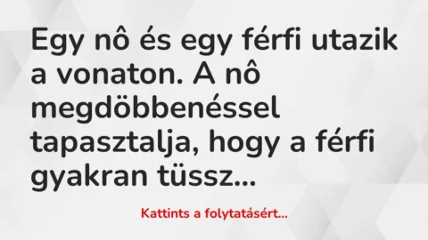 Vicc: Egy nô és egy férfi utazik a vonaton. A nô megdöbbenéssel tapasztalja, hogy a…