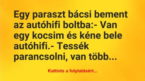 Vicc: Egy paraszt bácsi bement az autóhifi boltba:

– Van egy…