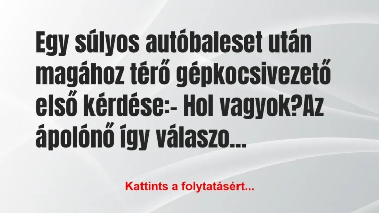 Vicc: Egy súlyos autóbaleset után magához térő gépkocsivezető első… Vicc: Egy súlyos autóbaleset után magához térő gépkocsivezető első…