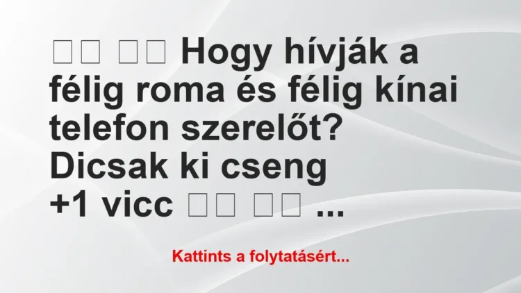 Vicc:
Hogy hívják a félig roma és félig kínai… Vicc:
Hogy hívják a félig roma és félig kínai…