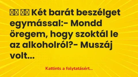 Vicc: 
		  
		  Két barát beszélget egymással:- Mondd öregem, hogy…