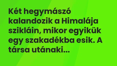Vicc: Két hegymászó kalandozik a Himalája szikláin, mikor egyikük egy szakadékba esik…. Vicc: Két hegymászó kalandozik a Himalája szikláin, mikor egyikük egy szakadékba esik….
