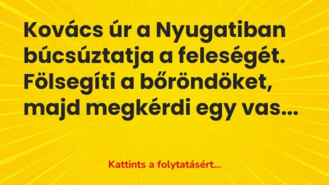 Vicc: Kovács úr a Nyugatiban búcsúztatja a feleségét. Fölsegíti a bőröndöket, majd…