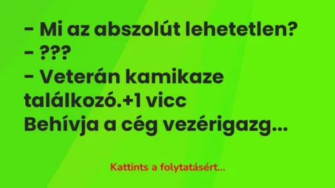 Vicc: – Mi az abszolút lehetetlen?

– ???

– Veterán kamikaze találkozó.