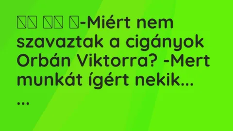 Vicc:
-Miért nem szavaztak a cigányok Orbán Viktorra? -Mert … Vicc:
-Miért nem szavaztak a cigányok Orbán Viktorra? -Mert …