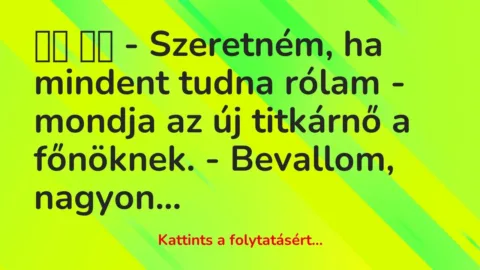 Vicc: 
		  
		  – Szeretném, ha mindent tudna rólam – mondja az új titkárnő…