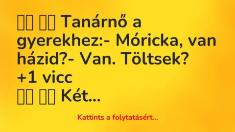 Vicc: 
		  
		  Tanárnő a gyerekhez:- Móricka, van házid?- Van….