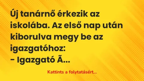 Vicc: Új tanárnő érkezik az iskolába. Az első nap után kiborulva megy be az…