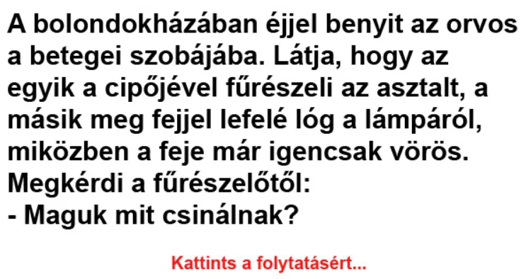 Vicc: A bolondokházában éjjel benyit az orvos a betegei szobájába Vicc: A bolondokházában éjjel benyit az orvos a betegei szobájába –