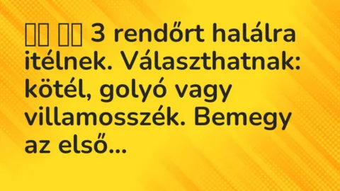 Vicc: 
		  
		  3 rendőrt halálra itélnek. Választhatnak: kötél, golyó vagy…