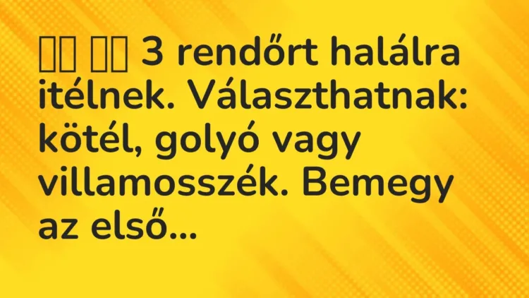Vicc:
3 rendőrt halálra itélnek. Választhatnak: kötél, golyó vagy… Vicc:
3 rendőrt halálra itélnek. Választhatnak: kötél, golyó vagy…