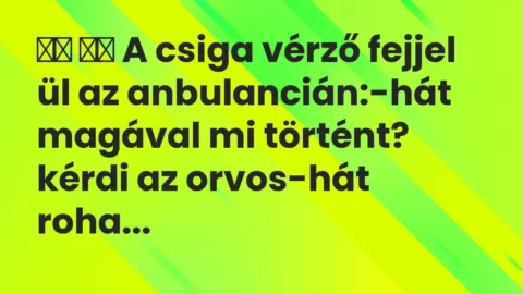 Vicc: 
		  
		  A csiga vérző fejjel ül az anbulancián:-hát magával mi …