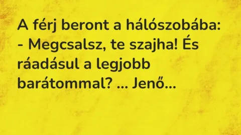 Vicc: A férj beront a hálószobába:

– Megcsalsz, te szajha! És ráadásul a legjobb…
