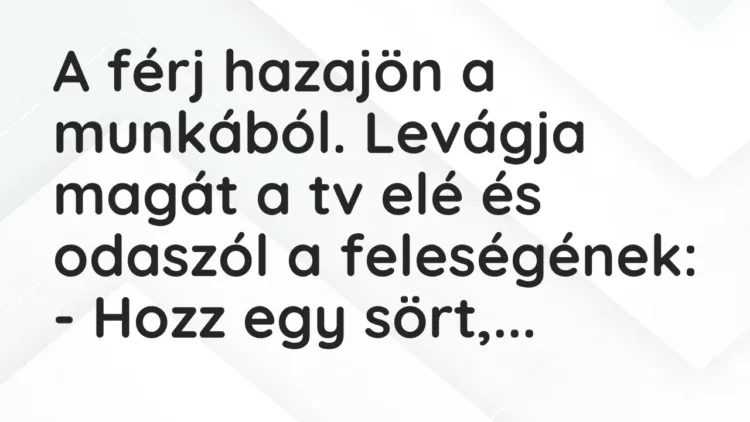Vicc: A férj hazajön a munkából. Levágja magát a tv elé és odaszól a… Vicc: A férj hazajön a munkából. Levágja magát a tv elé és odaszól a…