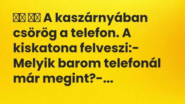 Vicc:
A kaszárnyában csörög a telefon. A kiskatona felveszi:-… Vicc:
A kaszárnyában csörög a telefon. A kiskatona felveszi:-…