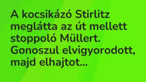 Vicc: A kocsikázó Stirlitz meglátta az út mellett stoppoló Müllert. Gonoszul…